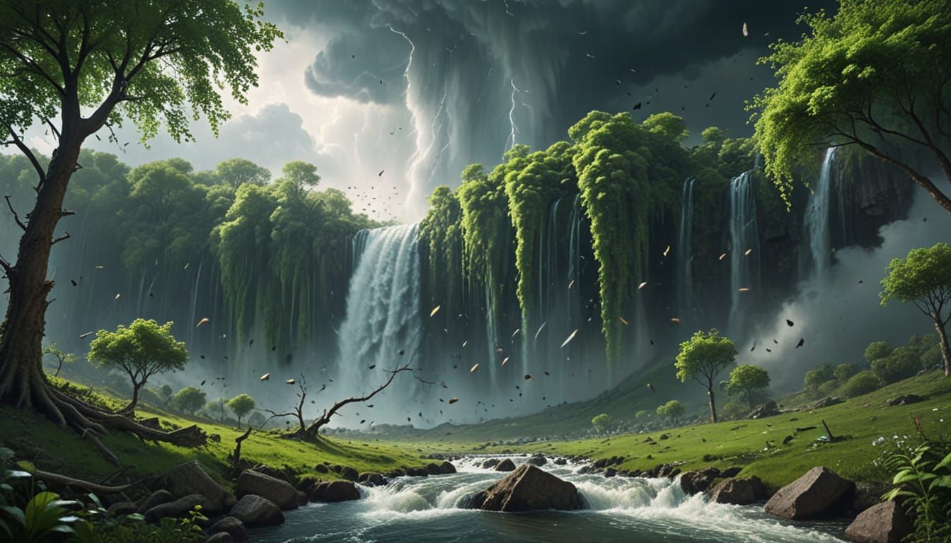 Breathtaking Surreal Landscape with Tornado and Waterfall