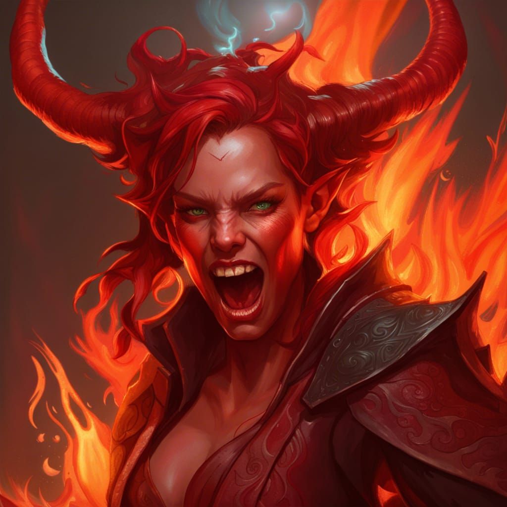 Fiery Tiefling Portrait in Art Nouveau Style