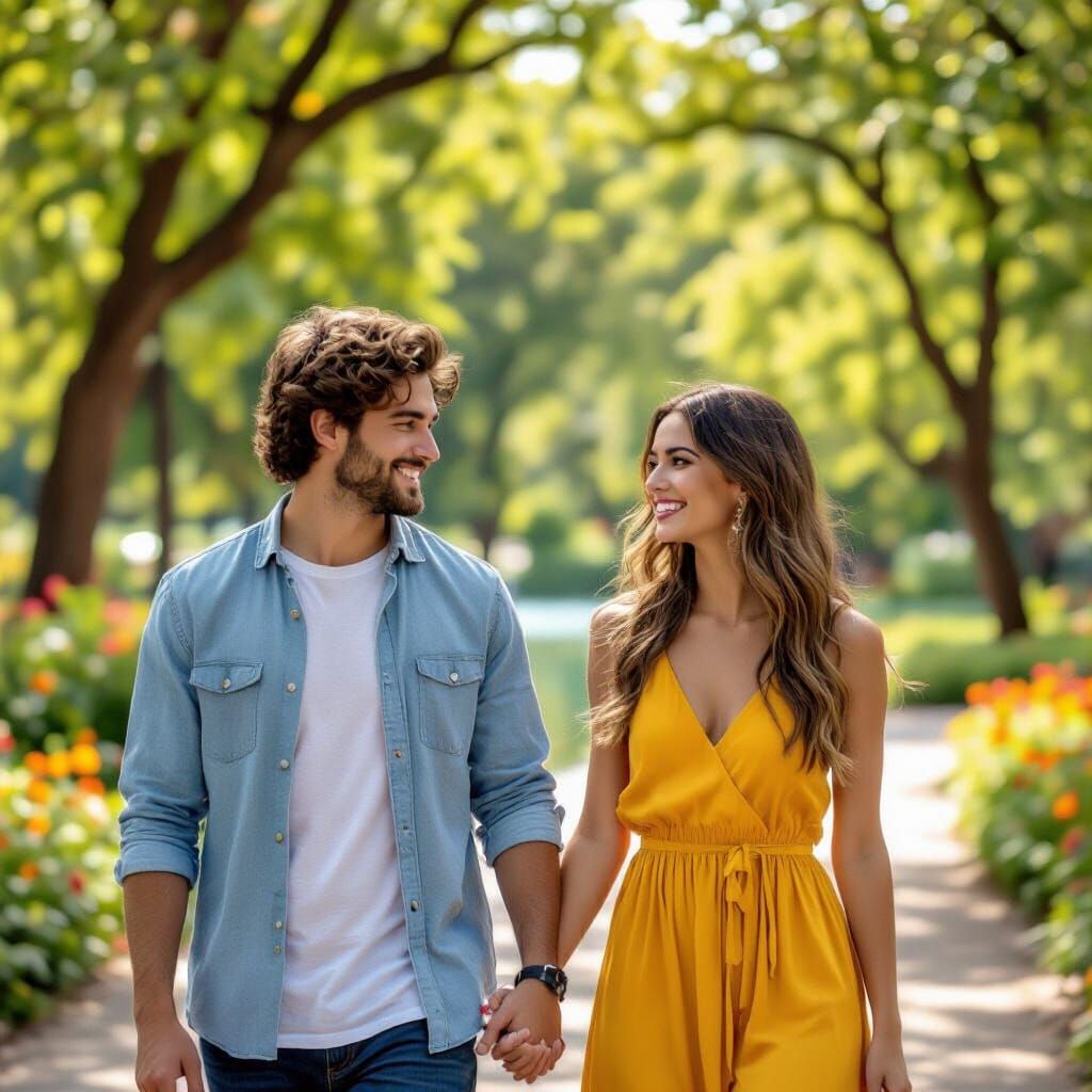 Young Couple Strolls in Lush Park at Sunset