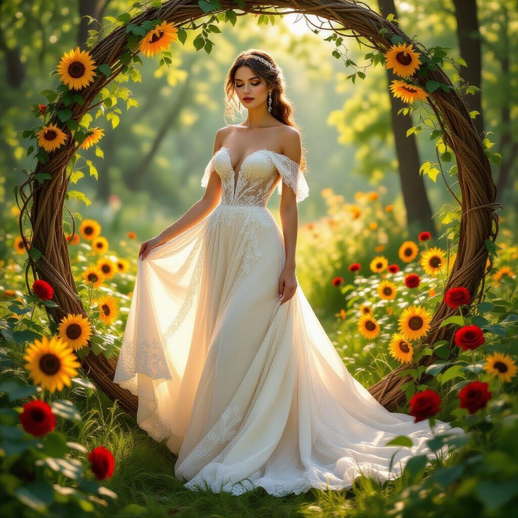 Elegant Bride in Woodland Setting with Sunflowers and Roses