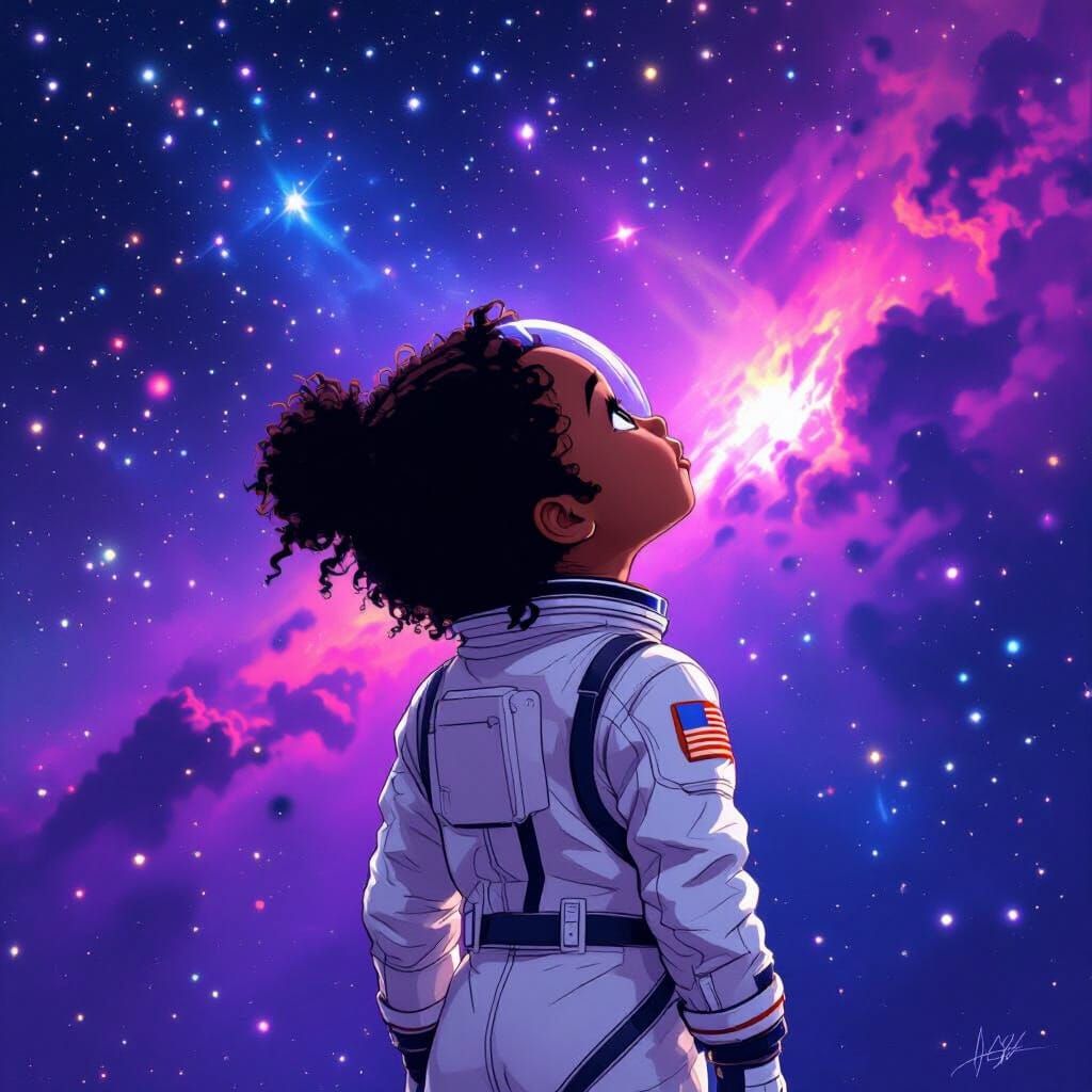 Girl in Spacesuit Gazing at Starry Sky