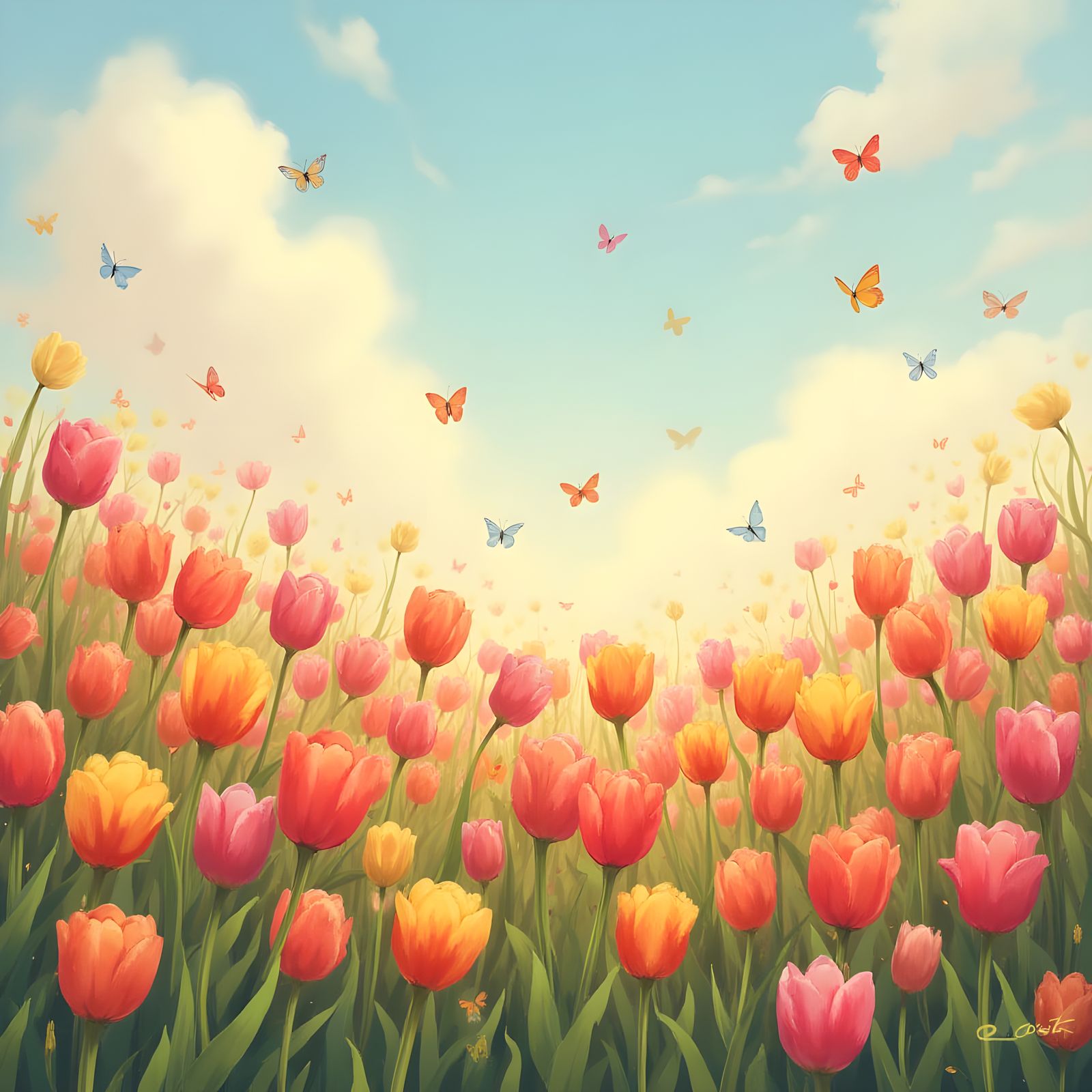 Vibrant Tulip Field in Impressionistic Style