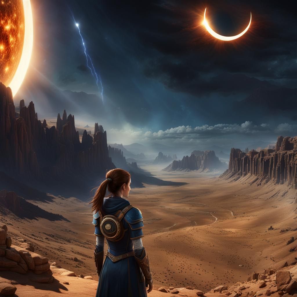 Woman Watches Solar Eclipse in Desert Landscape