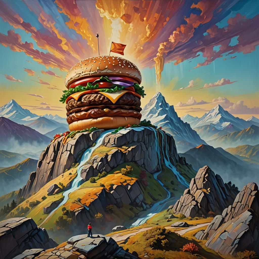 Burger Mountain: Surreal Oil Painting in Impasto Style