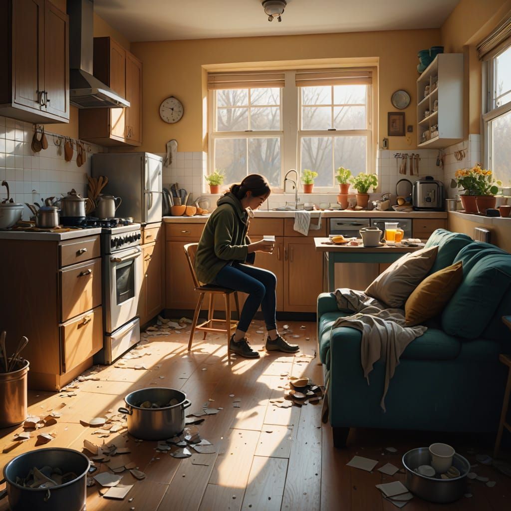 Woman in Cluttered Kitchen, Man Relaxing in Background