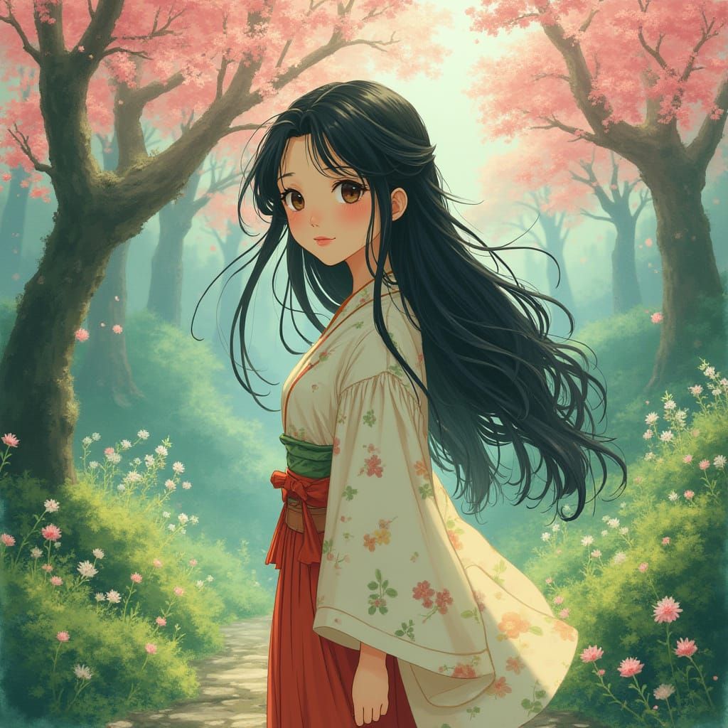 Surreal Japanese Goddess in Whimsical Forest Landscape