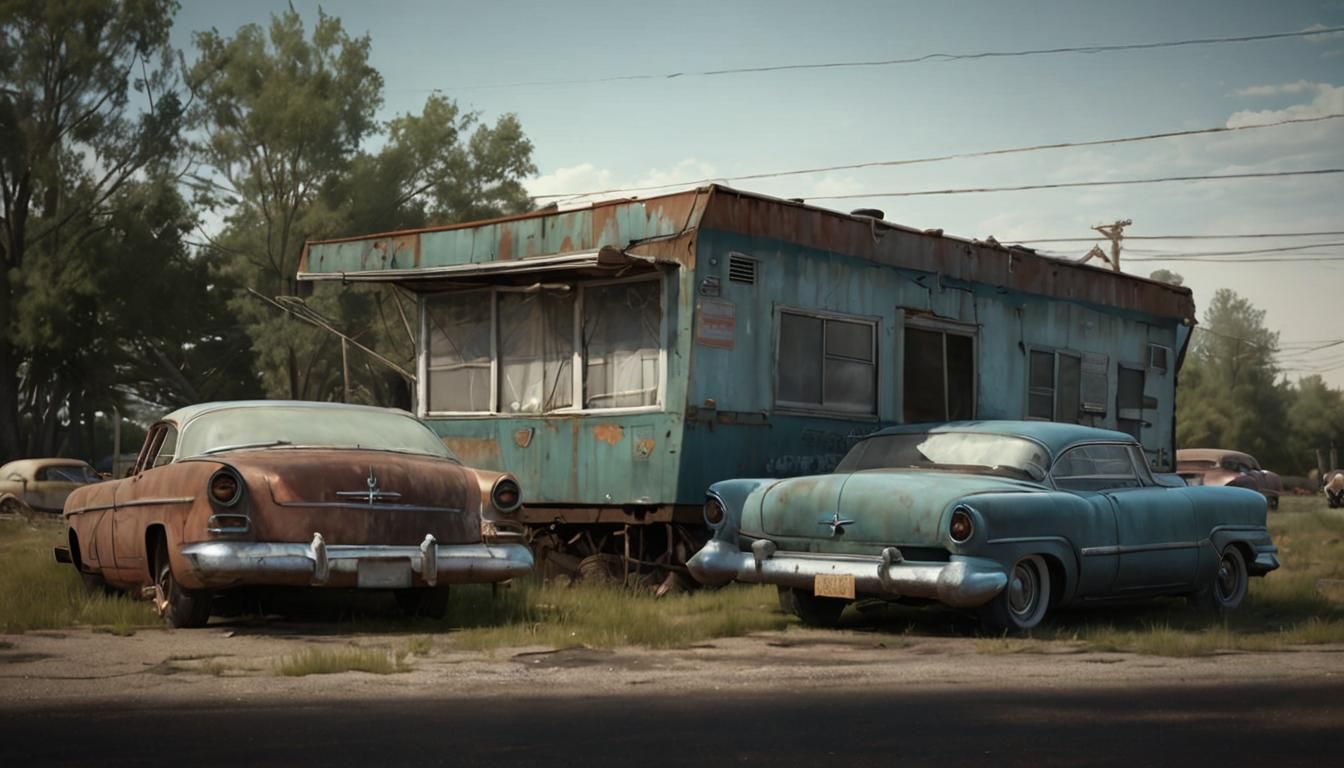 Abandoned 1970s Roadside Diner in a Rusty Trailer Park