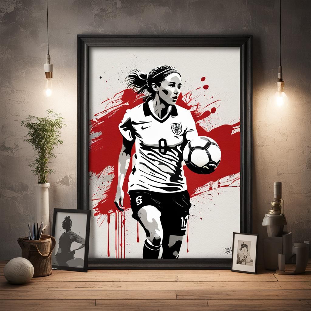 England Women's Football Team in Banksy-Style Ink Painting
