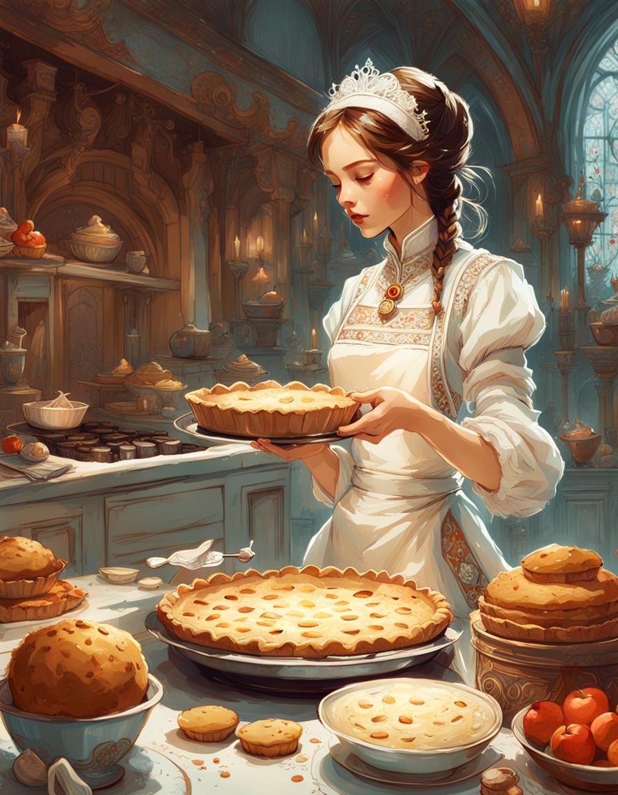 White Themed Princess Baking a Pie: Digital Art