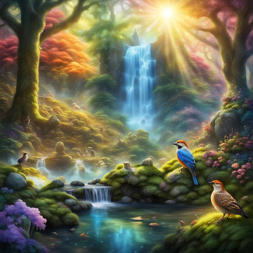 Enchanted Forest Scene with Waterfall and Bard