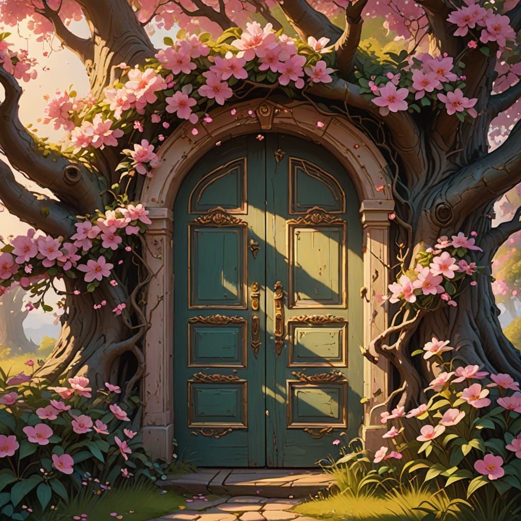 Tree Door with Pink Flowers in Oil Painting Style