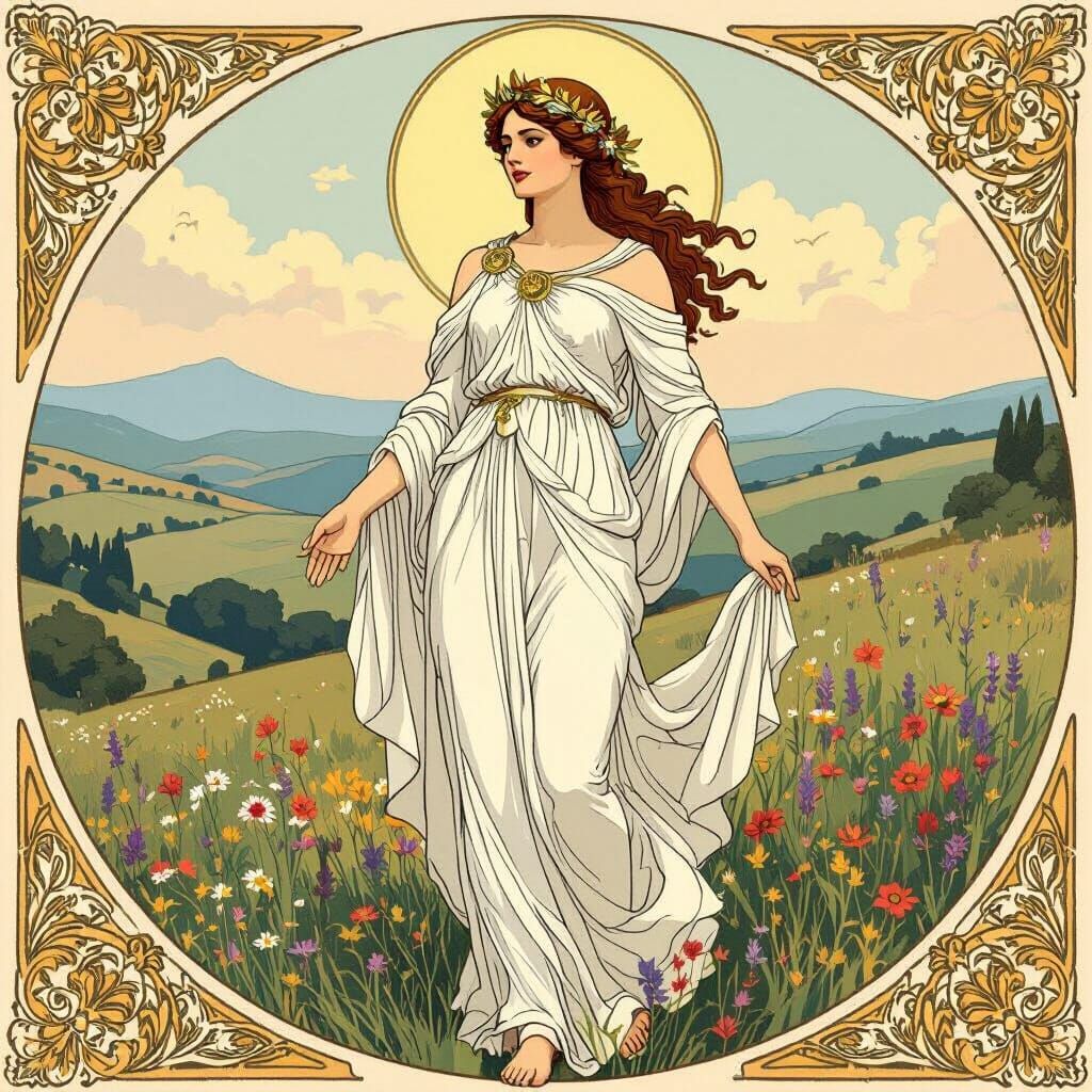 Regal Greek Goddess in Art Nouveau Style