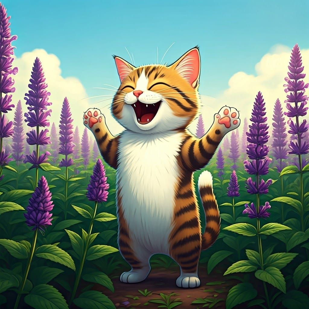 Cartoon Cat in Whimsical Catnip Wonderland