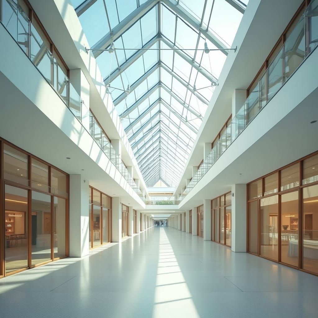 Bright Two-Story Mall Hallway with Glass Pyramid Ceiling