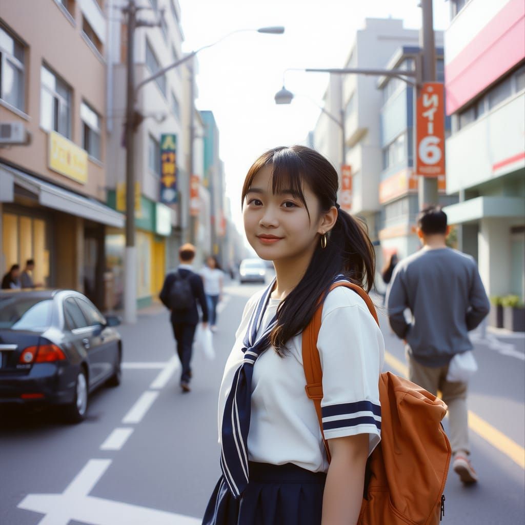 Tokyo Schoolgirl with Dacia Car in 90s Film Style