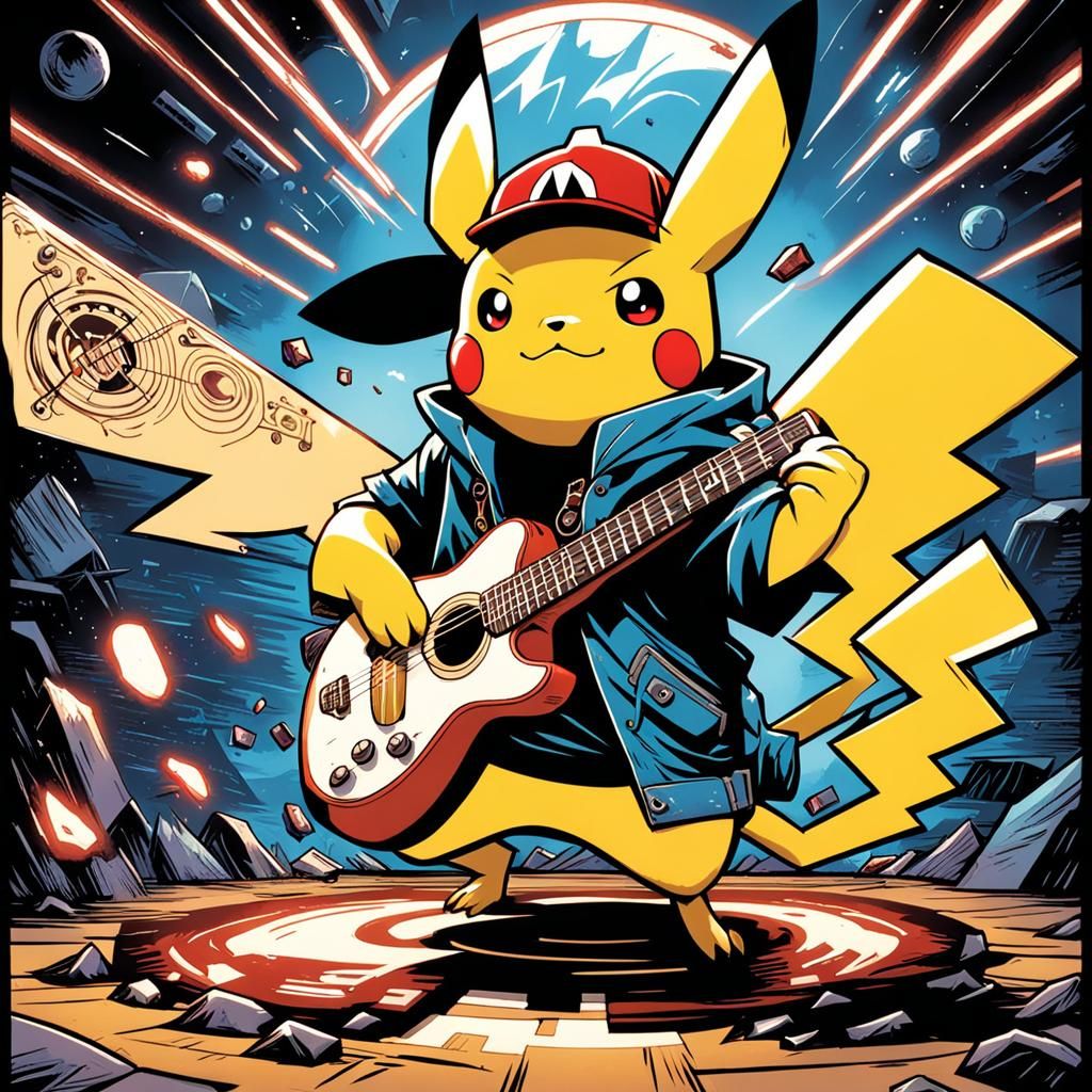 Baby Pikachu Rocker Guitar Comic Book Art