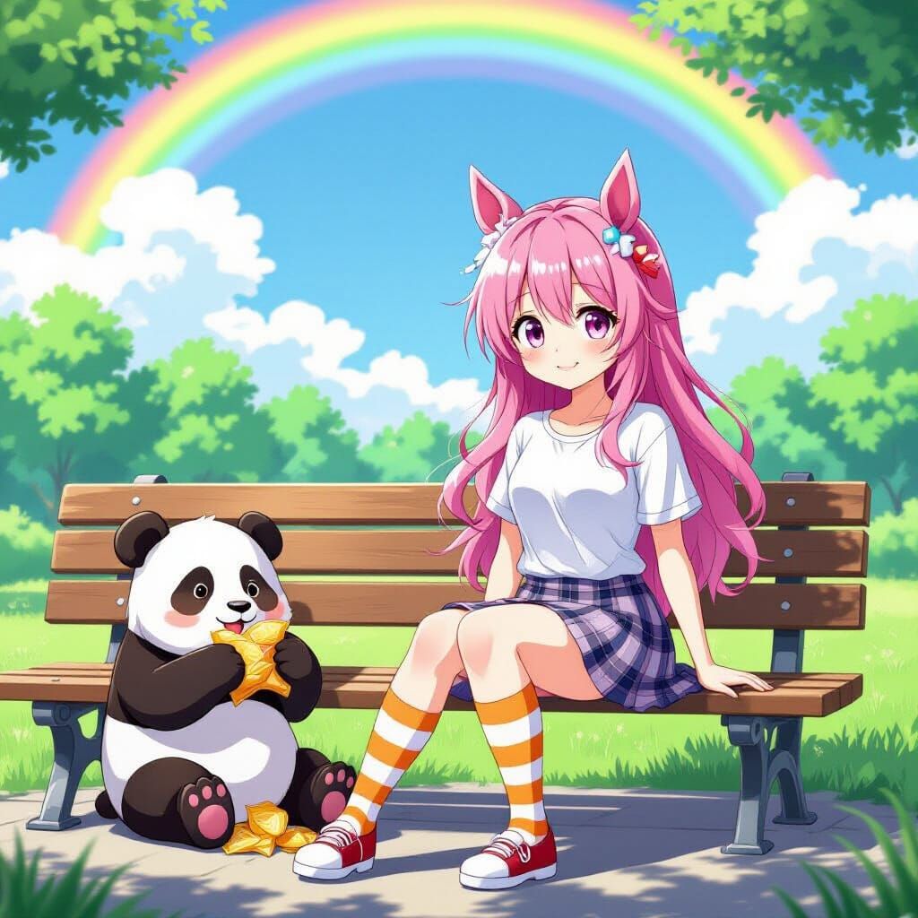 Anime Girl with Panda in Park, Cel-Shaded Style