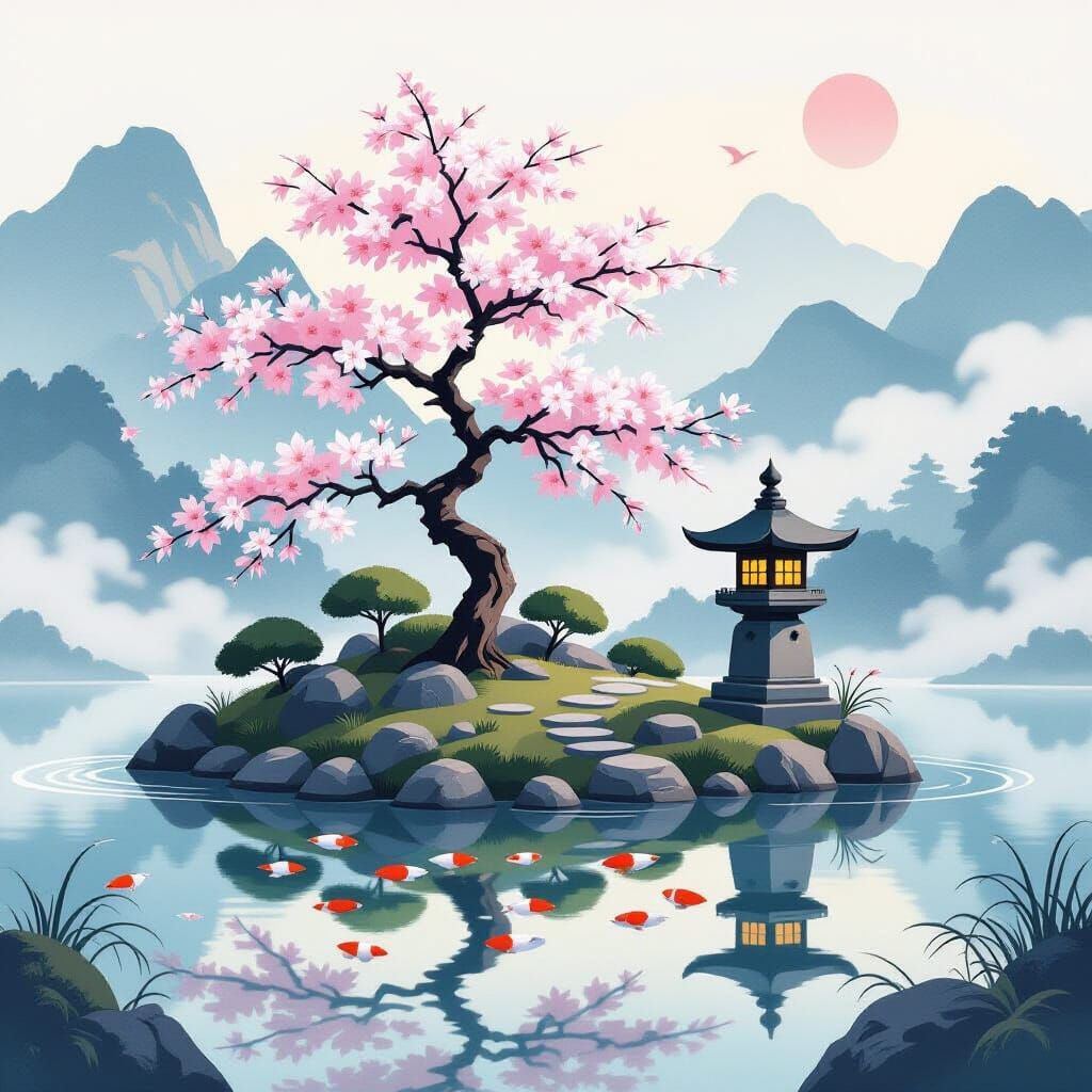 Floating Japanese Garden with Cherry Blossoms and Koi Pond