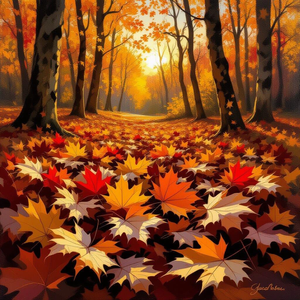 Autumn Leaves in Golden Hour Light, Impressionist Style
