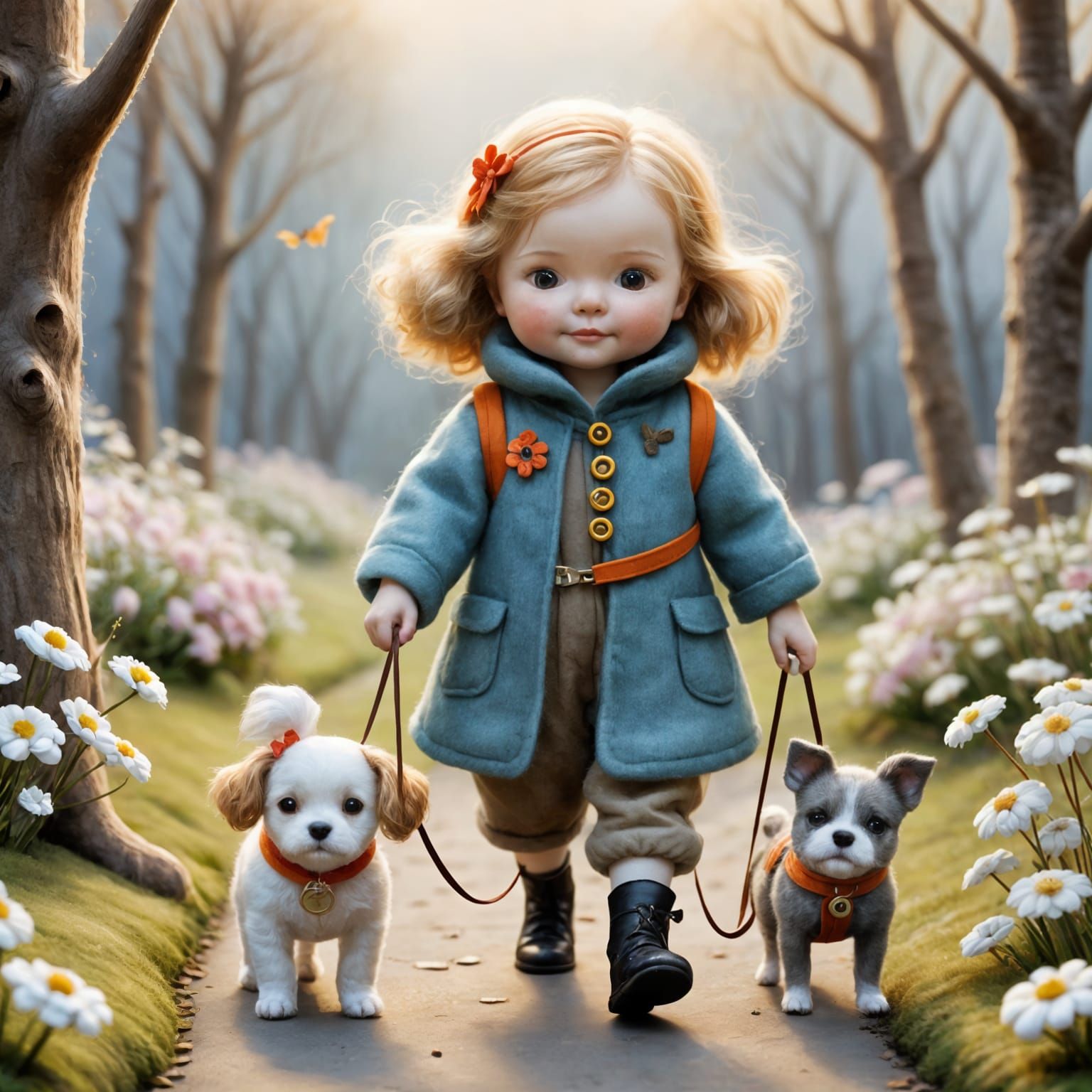 Whimsical Children's Fairytale Scene with Quaint Dog Walker