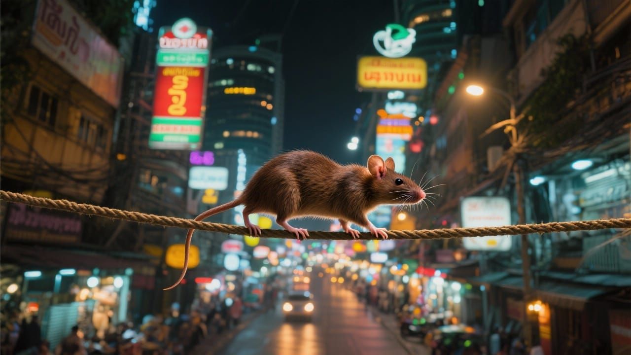 Hyperrealistic Rat on Tightrope Above Bangkok