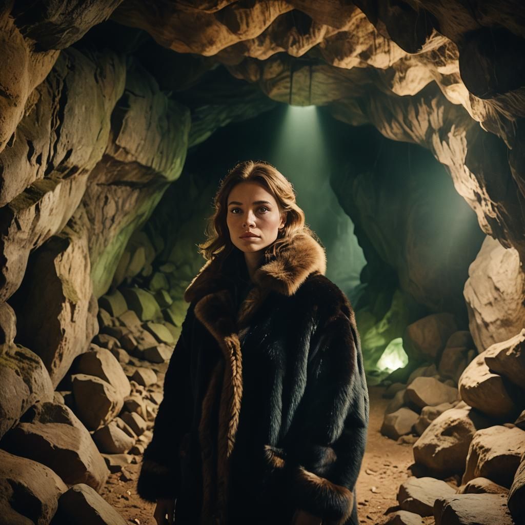 Woman in Bear Fur Coat in Cave, Cinematic