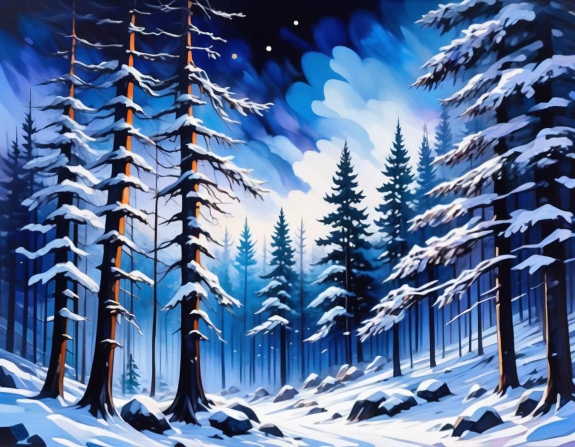 Snowy Conifer Forest at Night in Romantic Style