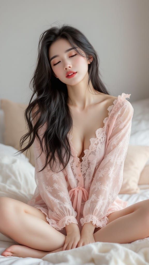 Elegant Korean Woman in Pink Lace Outfit