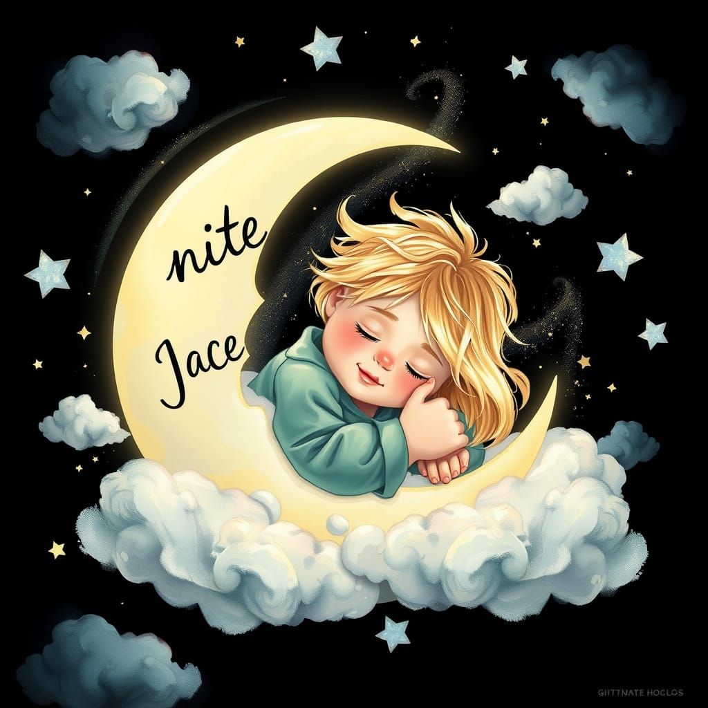 Dreaming Boy Hugging Moon, Digital Art