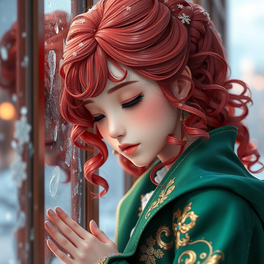Red-Haired Woman in Winter Wonderland, Anime Style