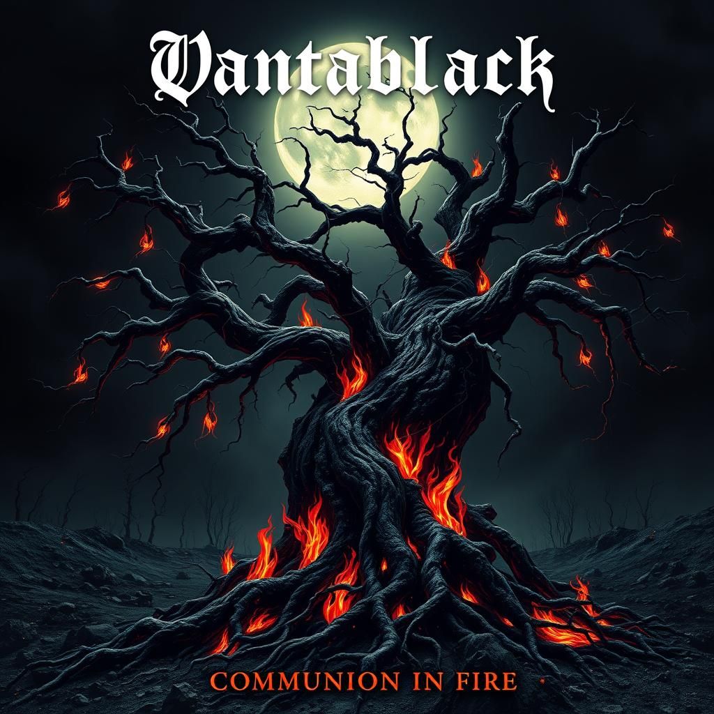 Eerie Album Cover with Twisted Trees and Flames