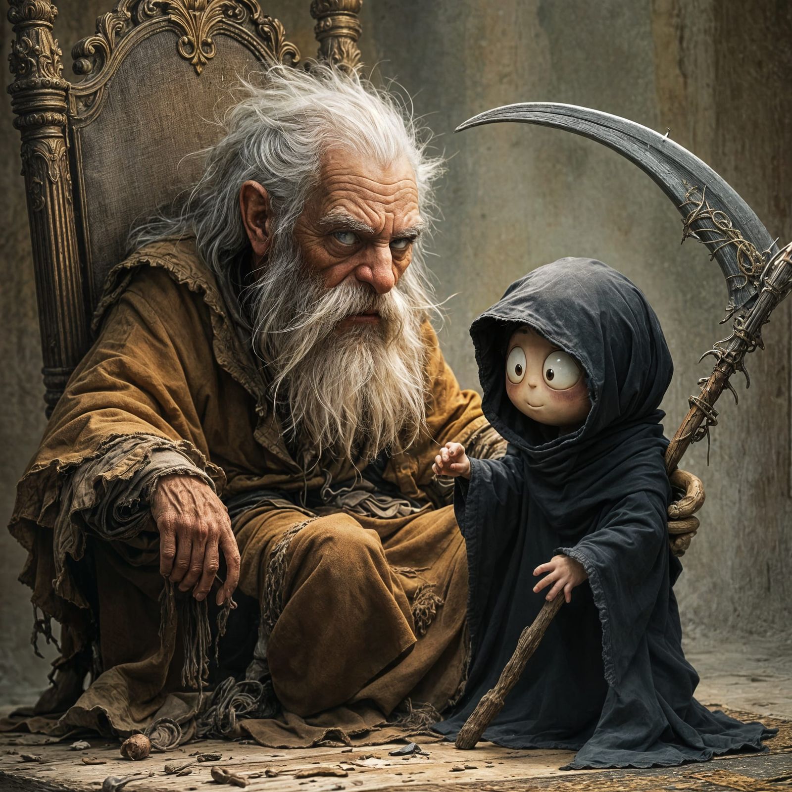 Ancient Man and Cartoon Grim Reaper in Dreamlike Style