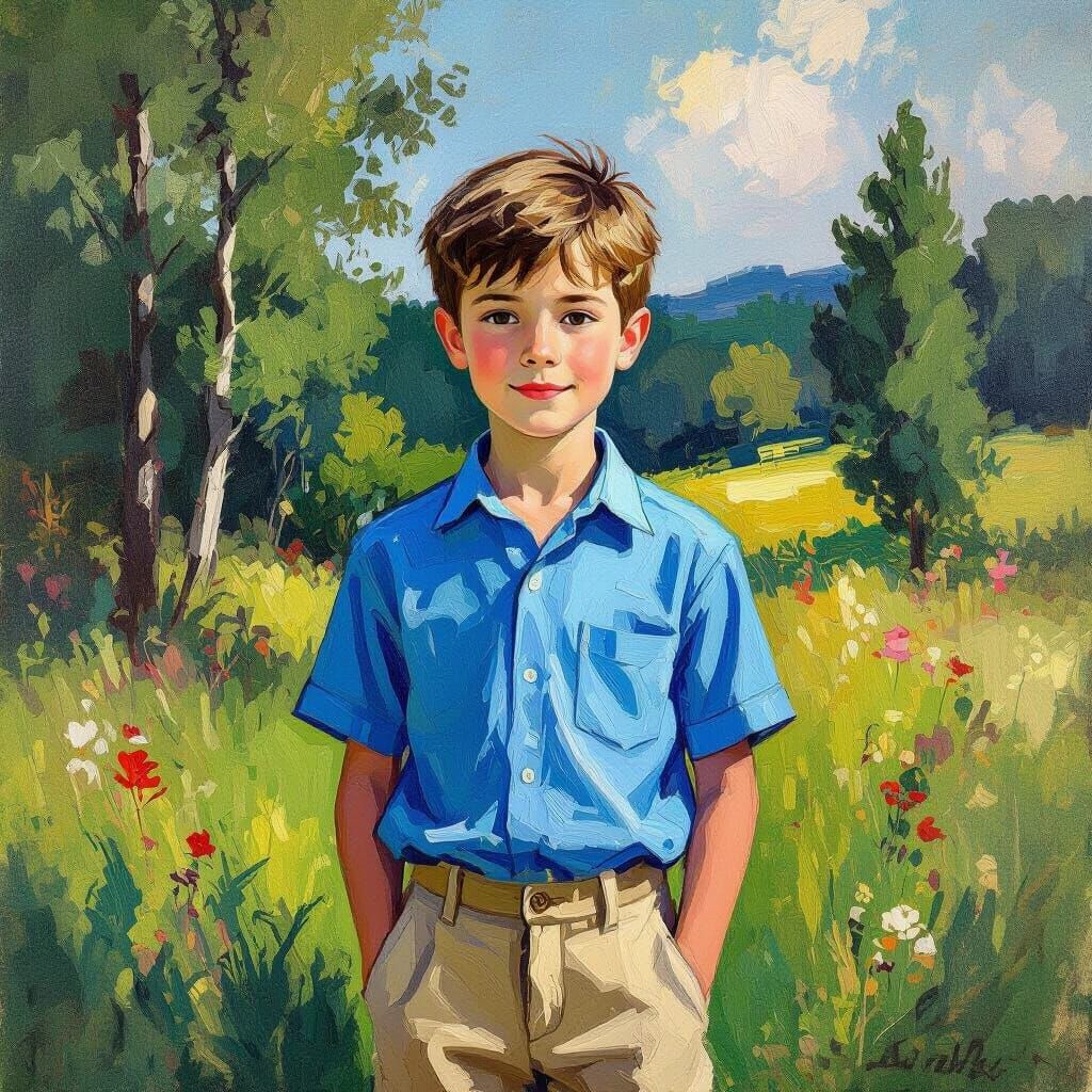 Boy in Meadow: Impressionist-Inspired Portrait