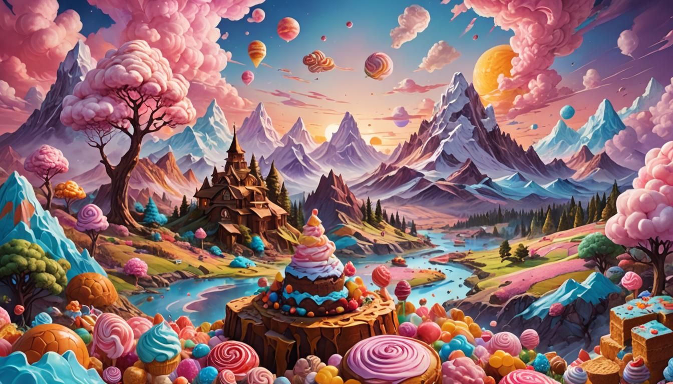 Edible Landscape with Candy Sunrise in Vaporwave Style