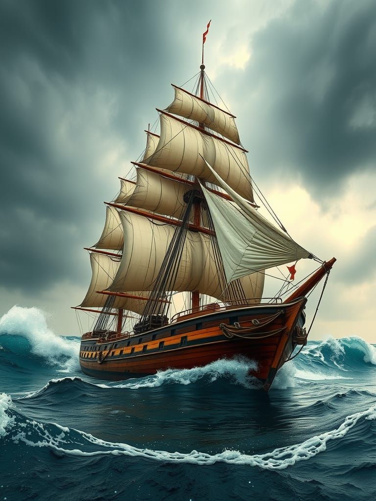 Majestic Schooner Navigates Stormy Seas in Romanticism Style