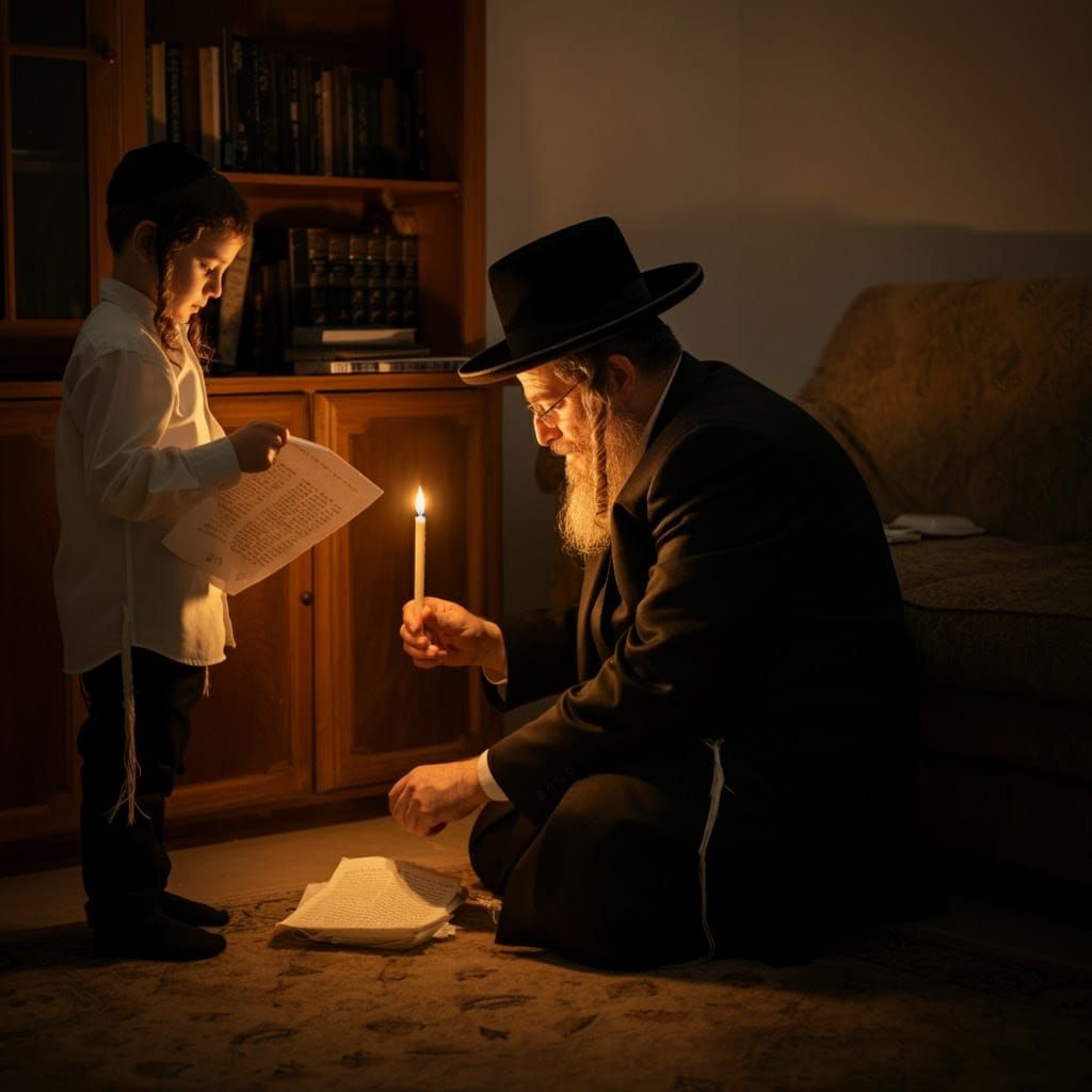 Tender Moment of Chametz Search in Warm Golden Light