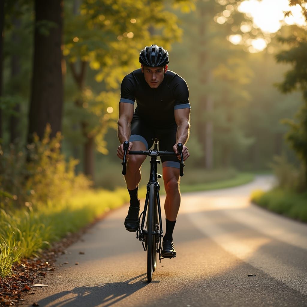 Chiseled Cyclist Rides Down Winding Asphalt Path in Late Aft...
