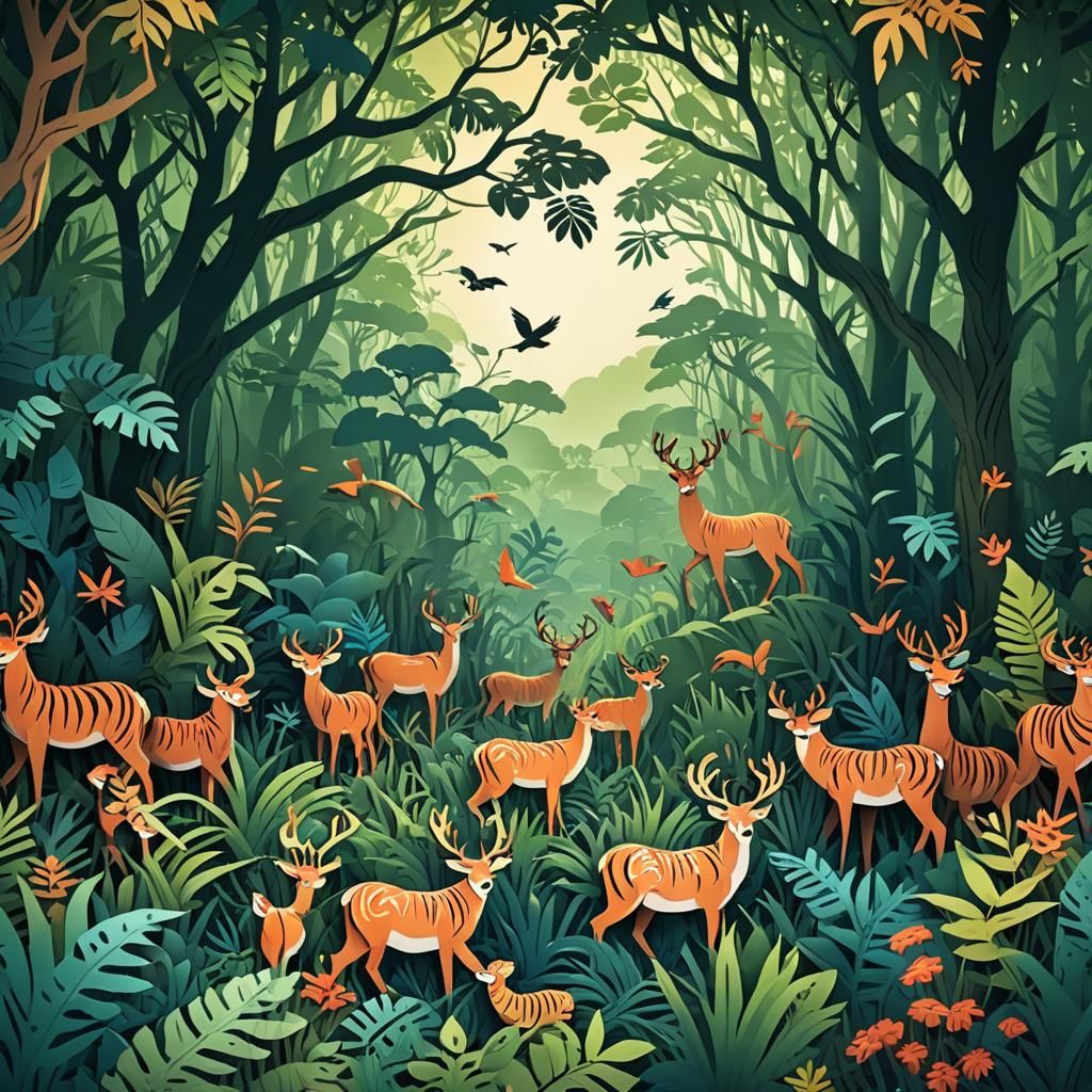 Papercut Style Jungle Scene with Animals