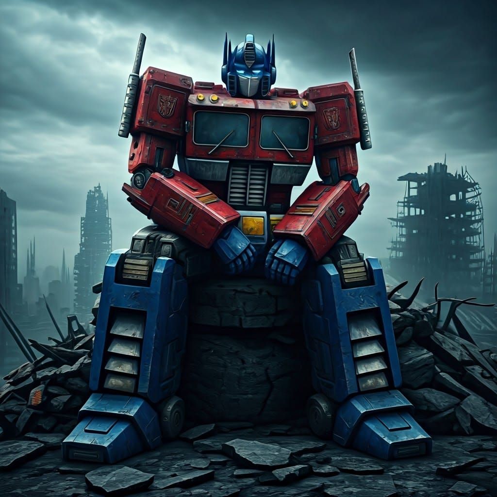 G1 Optimus Prime in Post-Apocalyptic Cityscape