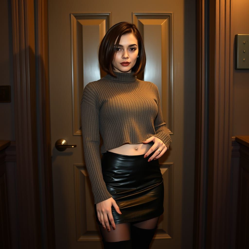Realistic Latina Posing in Doorway at Night