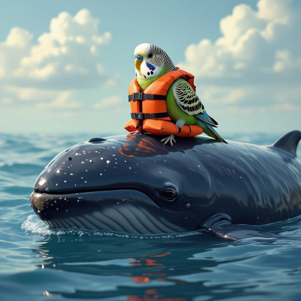 Budgerigar on a Whale in Realistic Wildlife Art