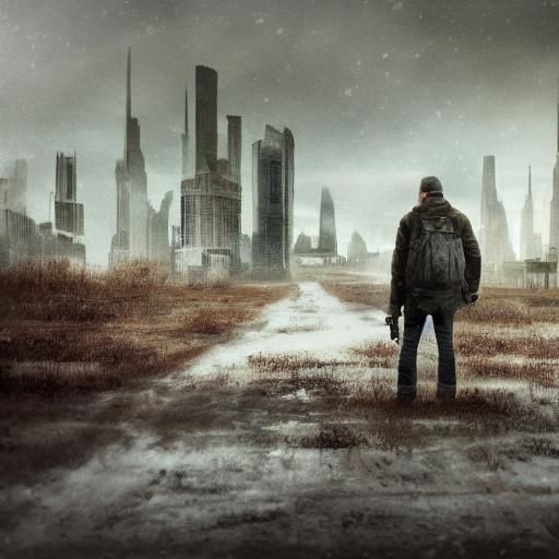 Desolate Comrade in Retro-Futuristic Landscape