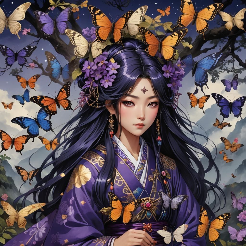 Ayame: Priestess of Butterflies in Anime Style