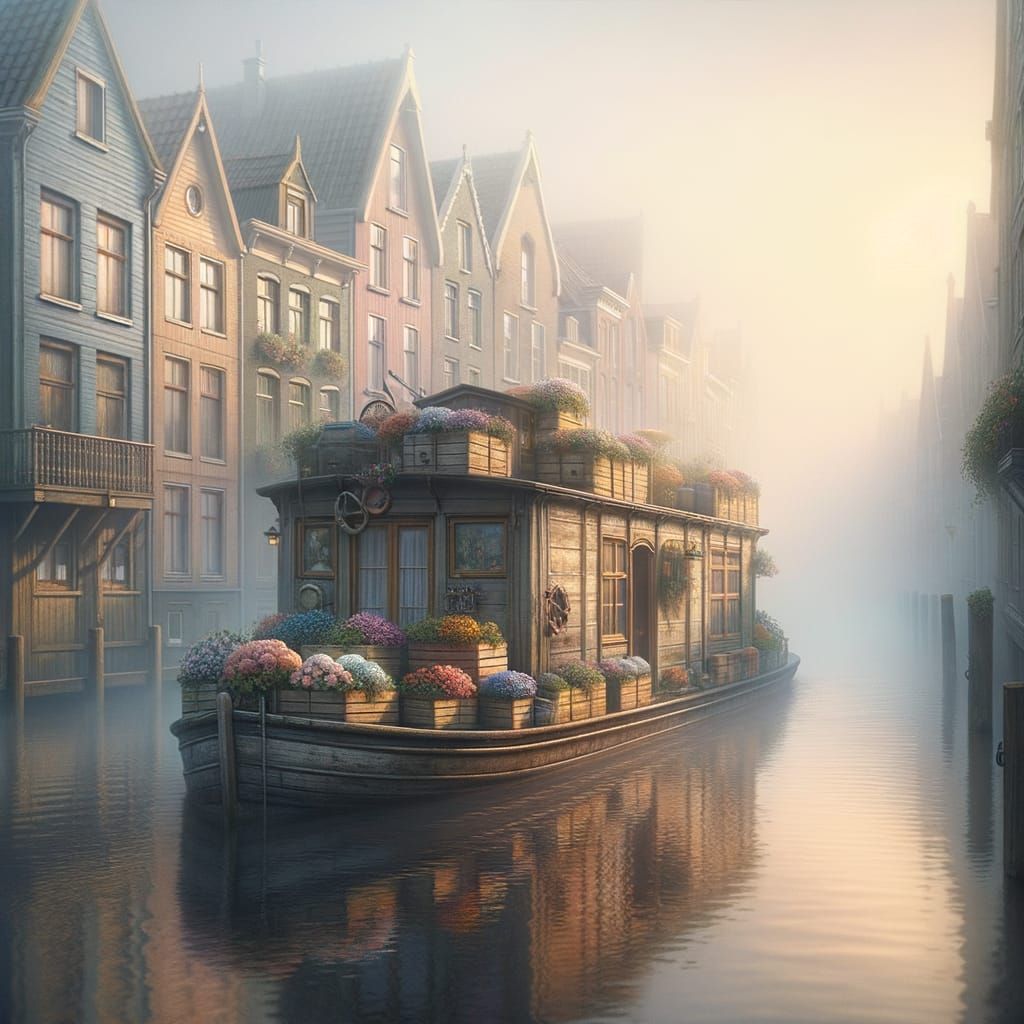 Houseboat on Foggy Canal in Impressionistic Style