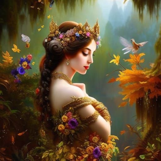 Autumn Goddess with Animals, Ethereal Fantasy Art