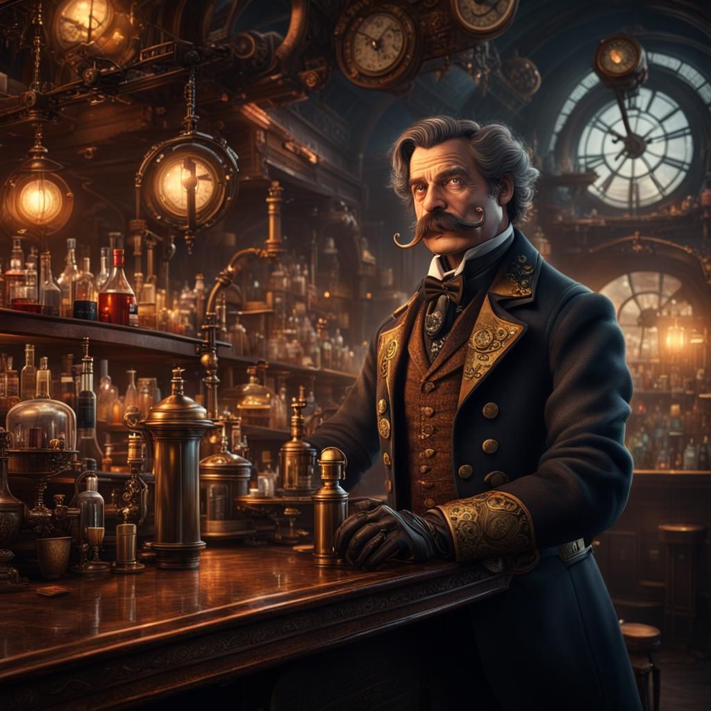 Steampunk Bartender in Dimly Lit Bar