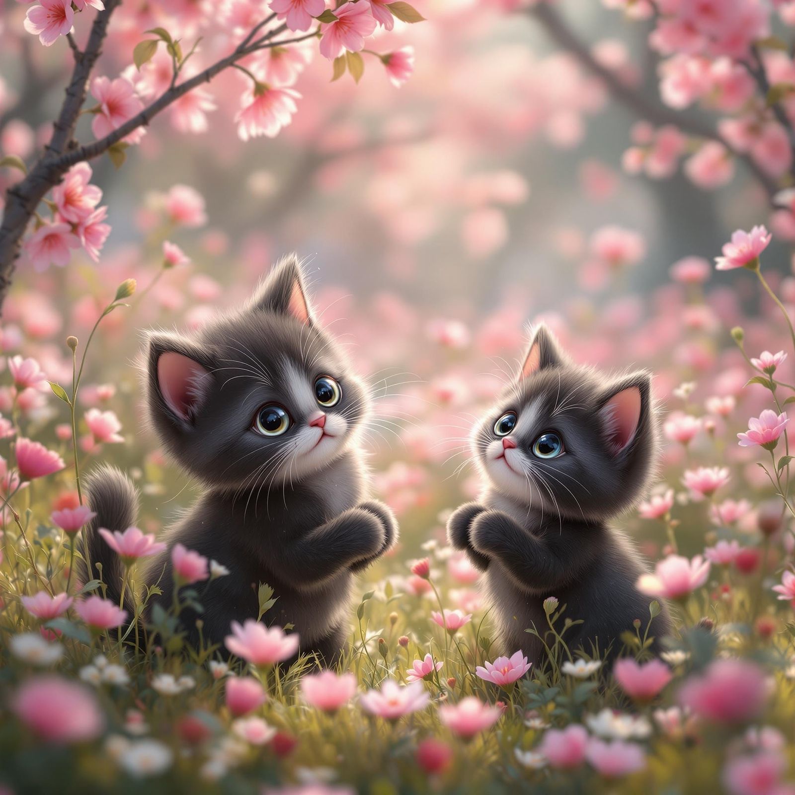 Two adorable animated kittens, black fur with plush, velvety...