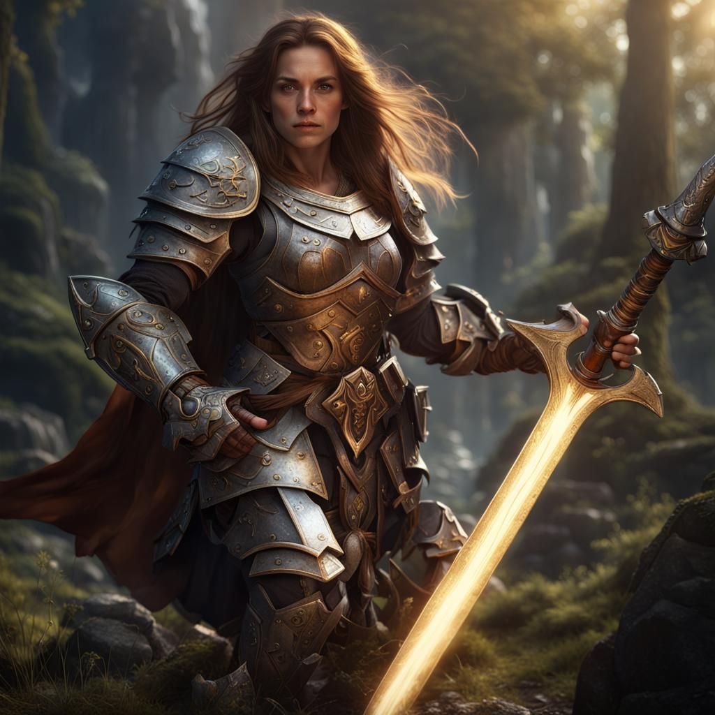 Dwarf Female Paladin in Shining Armor, Fantasy Art