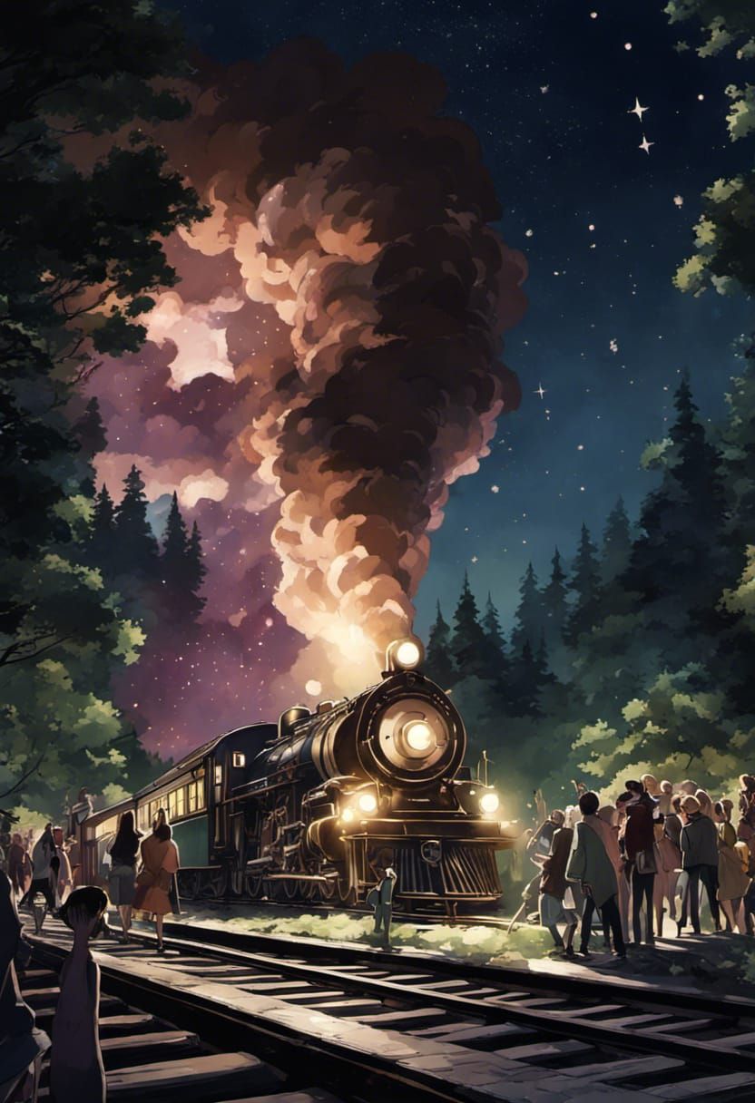 Star-Studded Train Roars Through Forest at Night