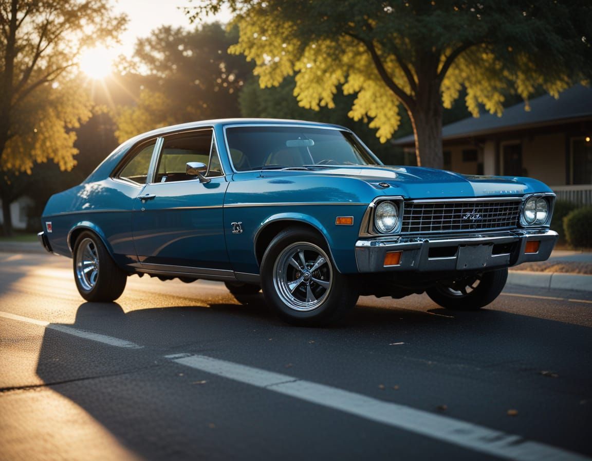 Blue 1972 Chevy Nova SS in Film Noir Style